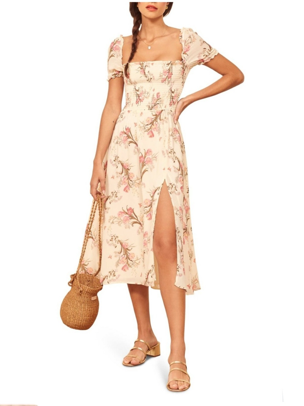 Reformation Ivory Pink Floral Print Inka Smocked Bodice Slit Crepe Dress